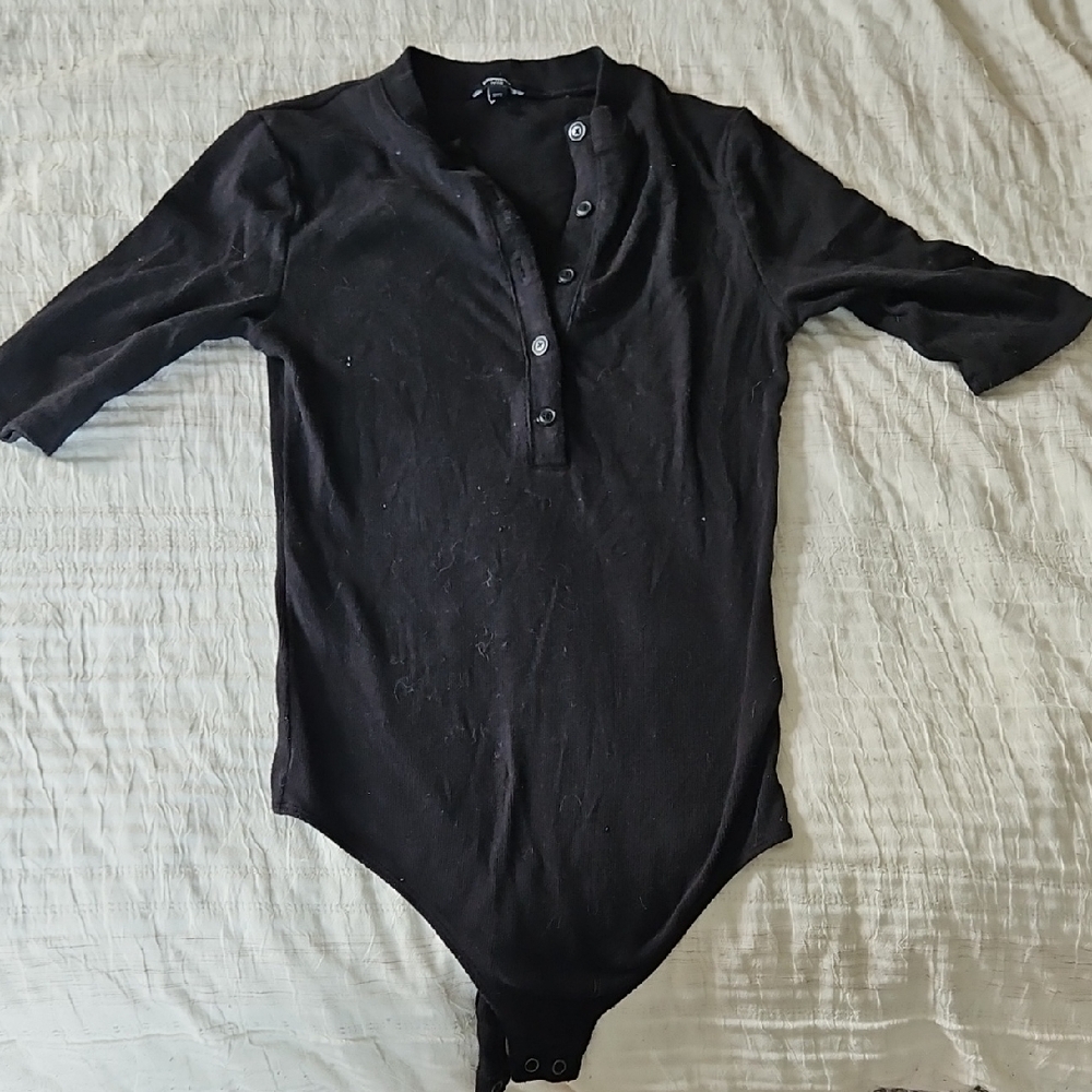 Express Fitted Ribbed 3/4 Sleeve Henley Thong Bodysuit Black Small S